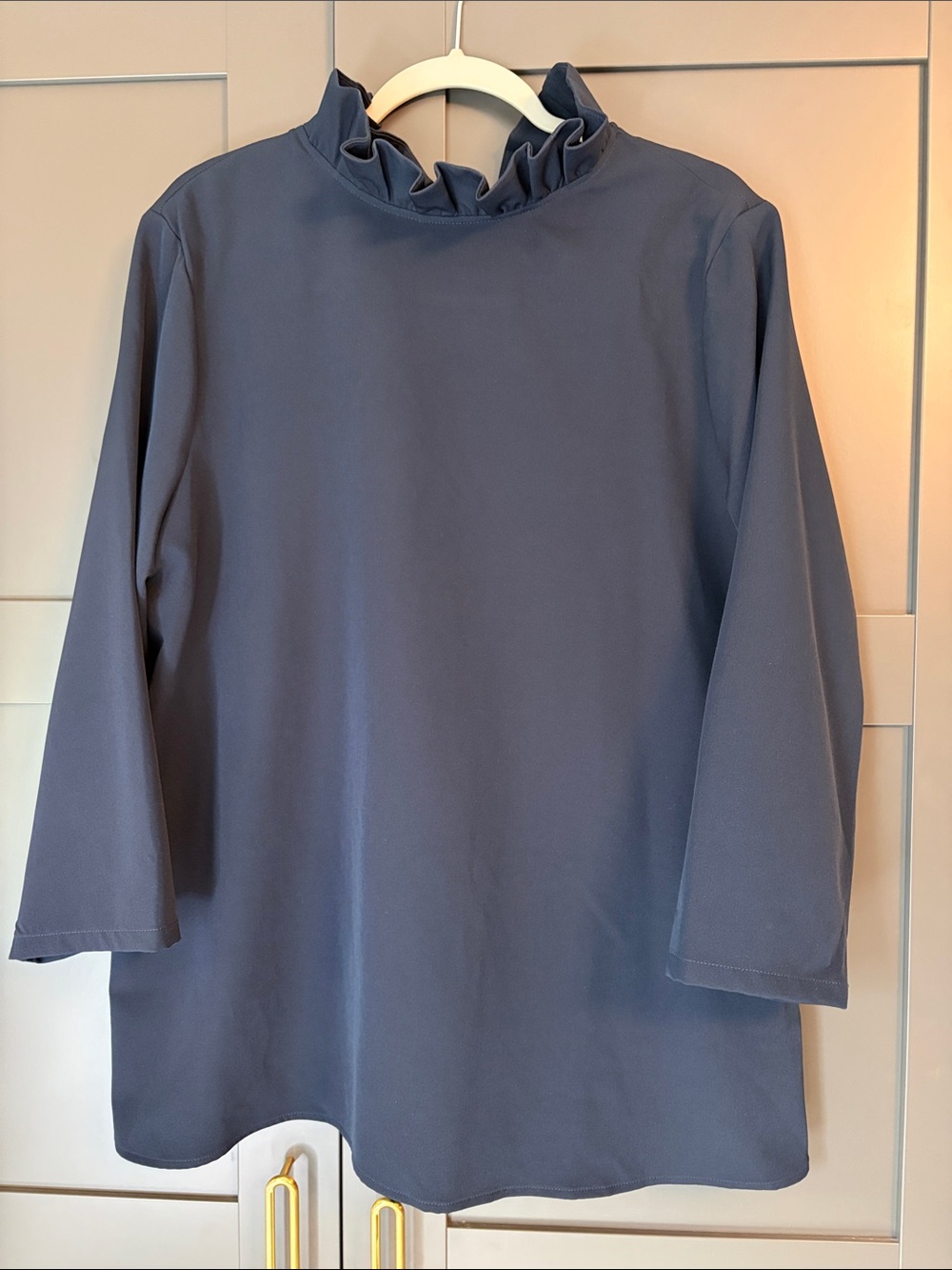 Tuckernuck Ruffle Mock Neck Blouse - Navy Blue